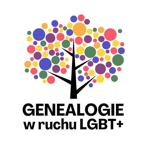 Logo konferencji Genealogię w ruchu LGBT+. Nad nazwą konferencji znajduje się drzewo z czarnym pniem i liśćmi w formie tęczowych kółek – każde w innym kolorze, fioletowym, niebieskim, różowym, pomarańczowym, zielonym i żółtym.